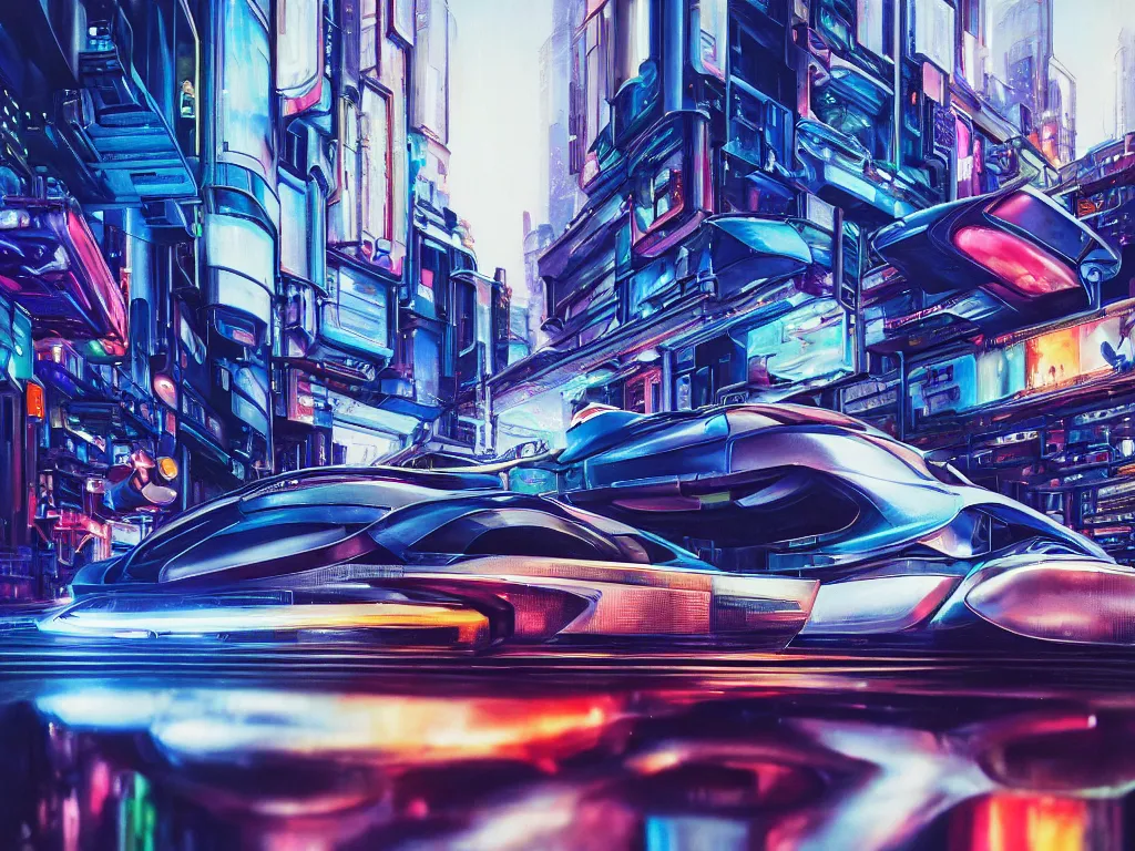 Prompt: hyperrealistic painting of a slice of life from a futuristic city, mechanical designs, futuristic vehicles, technological, detailed engineering, city in a car reflection, vivid color, elegant, meticulous, cinematic, cyberpunk style, highly detailed, realism, intricate, acrylic on canvas, 8 k resolution, concept art, by noriyoshi ohrai, francesco di giorgio martini