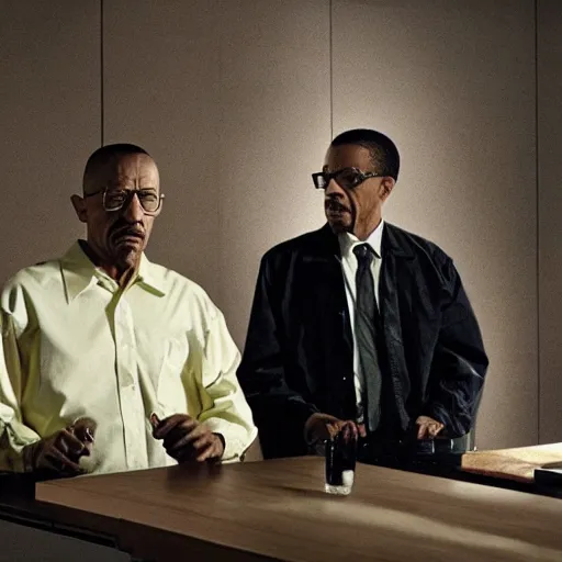 Image similar to Walter White stabs Gustavo Fring in the back, photorealistic, cinematic lighting,