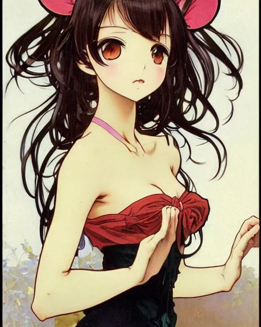 Prompt: A cute frontal painting of a very very beautiful anime skinny mousegirl with long wavy brown colored hair and small mouse ears on top of her head wearing a cute black dress and black shoes looking at the viewer, elegant, delicate, feminine, soft lines, higly detailed, smooth , pixiv art, ArtStation, artgem, art by alphonse mucha Gil Elvgren and Greg rutkowski, high quality, digital illustration, concept art, very long shot