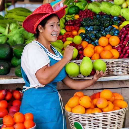 Prompt: Bolivian woman with apron and hat selling fruits in a Latin American market in anime style