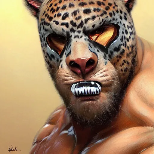 Image similar to Buff wrestler wearing a jaguar mask, closeup character portrait art by Donato Giancola, Craig Mullins, digital art, trending on artstation