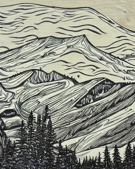 Image similar to an award winning Wood engraving on paper of The Canadian mountains