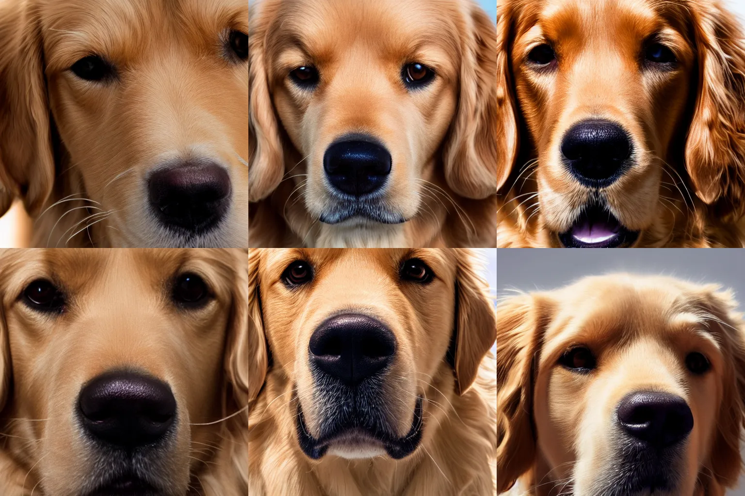 Prompt: extreme close-up portrait of a golden retriever looking into the camera, studio lighting