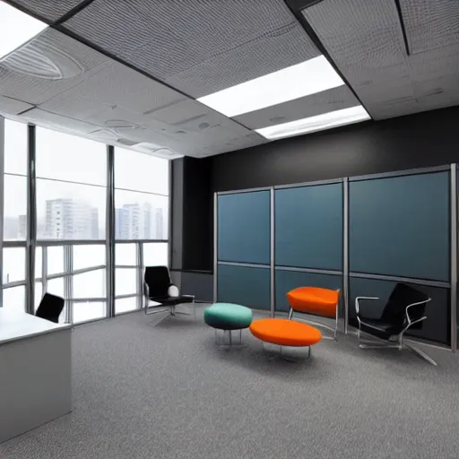 Prompt: futuristic office room with #0C111B wall color and #263553 colored leather furniture, highly detailed, photography