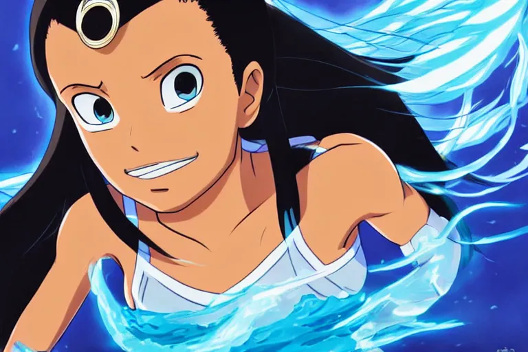 Prompt: highly detailed portrait of a katara for avatar with water powers, shaping massive waves, in my hero academia, stephen bliss