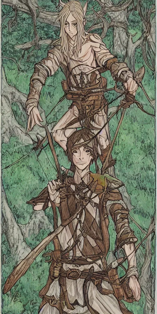 Prompt: an wood elf boy getting ready for an high fantasy adventure on the mountain side, anime style, tarot card, Tarot card the fool, intricate detail, fine line work