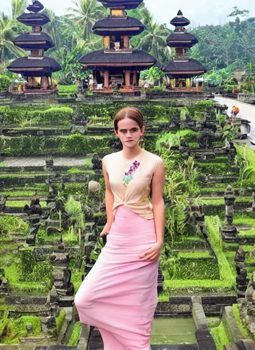 Prompt: emma watson wearing kebaya bali in bali. iconic place in bali. front view. instagram holiday photo shoot, perfect faces