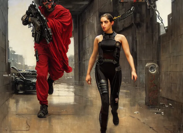 Image similar to sophia evades sgt Griggs. Cyberpunk hacker wearing jumpsuit escaping police troopers (blade runner 2049). Gorgeous face. Iranian orientalist portrait by john william waterhouse and Edwin Longsden Long and Theodore Ralli and Nasreddine Dinet, oil on canvas. Cinematic, hyper realism, realistic proportions, dramatic lighting, high detail 4k