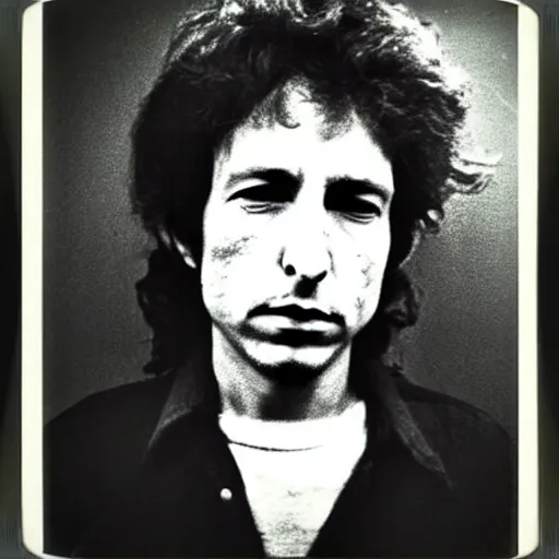 Image similar to Mugshot Portrait of Bob Dylan, taken in the 1970s, photo taken on a 1970s polaroid camera, grainy, real life, hyperrealistic, ultra realistic, realistic, highly detailed, epic, HD quality, 8k resolution, body and headshot, film still, front facing, front view, headshot and bodyshot, detailed face, very detailed face