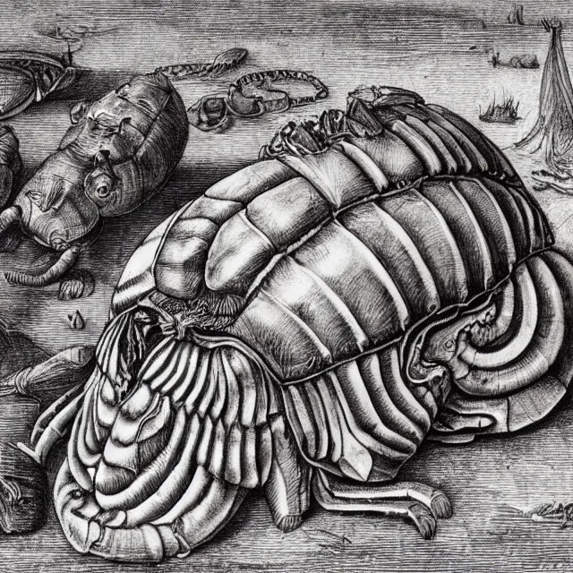 Image similar to a detailed, intricate drawing of a giant isopod on a beach, by albrecht durer
