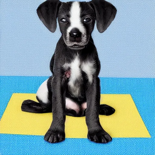 Prompt: blue 3 eyed puppy sitting on picnic blanket in the style of pop art