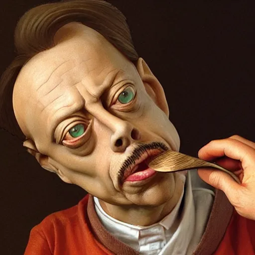 Prompt: A spoon that lies on a kitchen counter has the head of Steve buscemi instead of a bowl, highly_detailed!!, Highly_detailed_face!!!, artstationhq, concept art, sharp focus, illustration, art by Leonardo da Vinci and Michelangelo and Botticelli