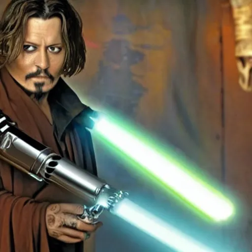 Image similar to Jedi Master (Johnny Depp) wielding a golden lightsaber 8k hdr
