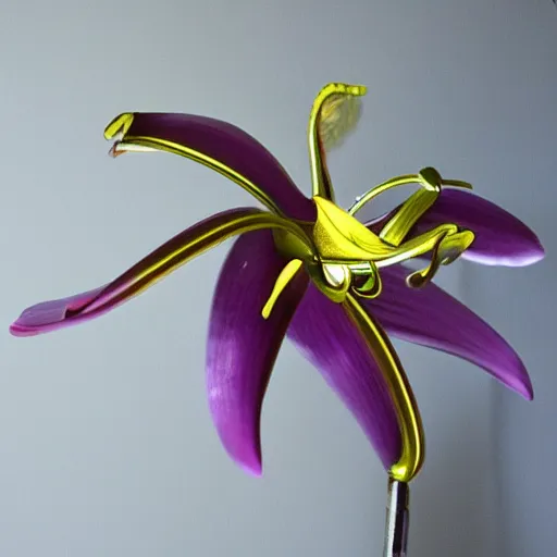 Prompt: metal orchid flower, retrofuturistic, reflective, shiny, high detail