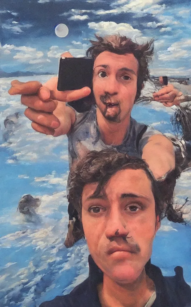 Image similar to painting called the last selfie on earth, scary, trending on instagram