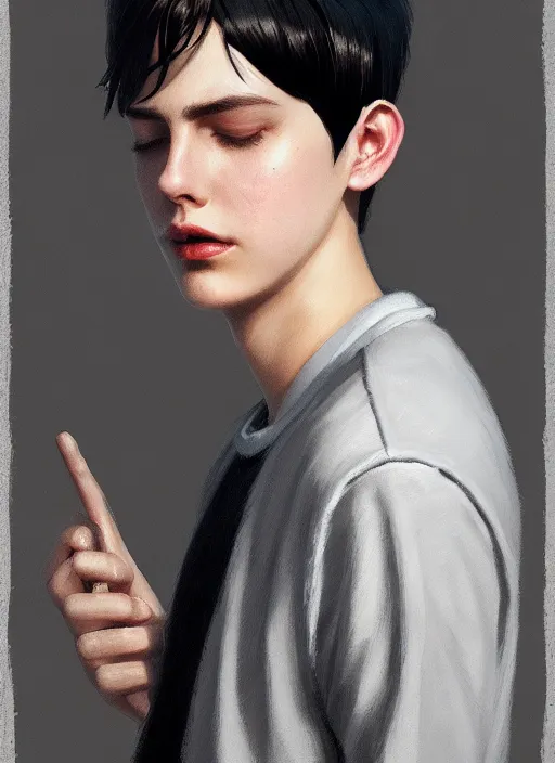 Image similar to portrait of teenage jughead jones wearing a light grey crown, photorealistic, crown, eyes closed, crown, black hair, intricate, elegant, glowing lights, highly detailed, digital painting, artstation, concept art, smooth, sharp focus, illustration, art by wlop, mars ravelo and greg rutkowski