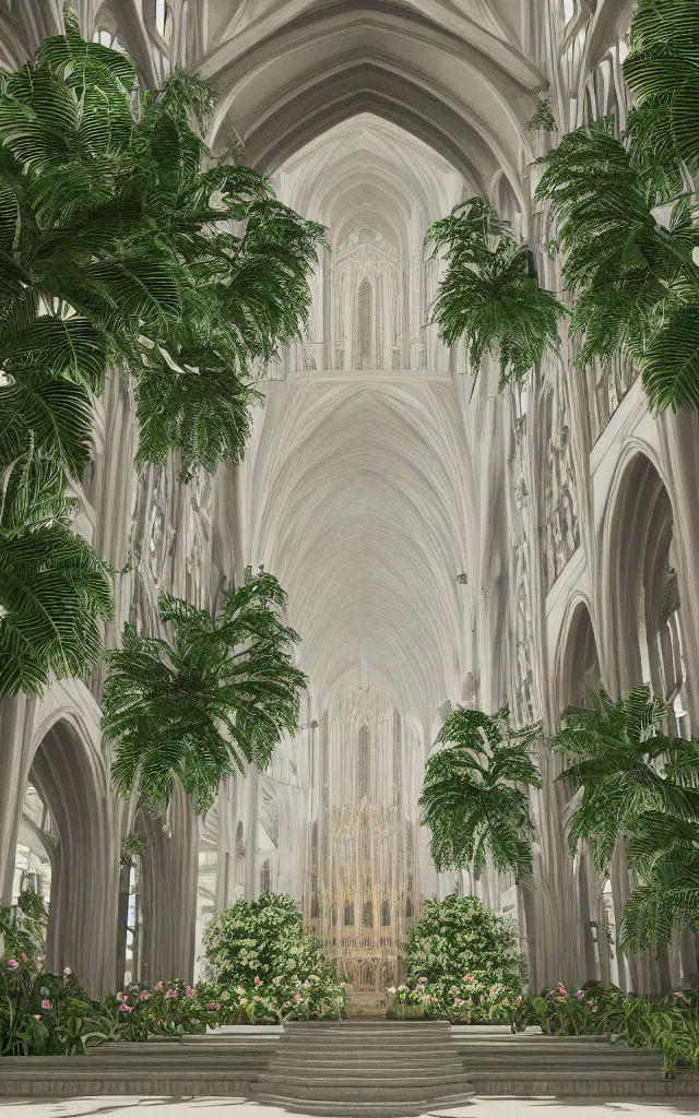 Prompt: beautiful grand cathedral interior with!! koi pond!! in the! middle! surrounded by palm trees, ivy,!! flowers!!, ( tropical plants ),!! roses!!, and with archways, rendered in octane render with photorealistic volumetric cinematic lighting, wide angle, horizontal symmetry, symmetrical! 8 k