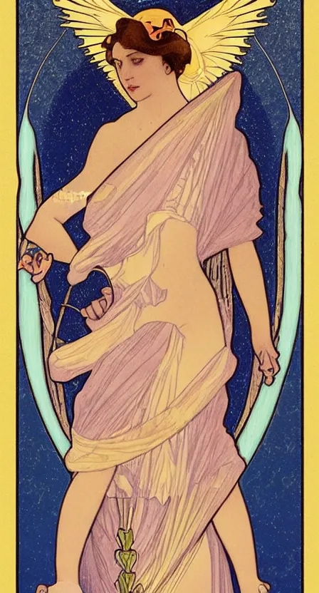 Image similar to a tarot card of a woman, hovering over water with angel wings and she is pouring water between two cups. illustrated in an art deco style by tamara de lempika and an elegant border by alphonse mucha. | studio lighting | digital painting, stunning lighting, trending on artstation