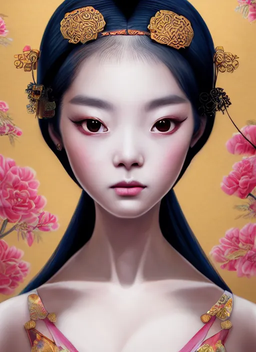 Image similar to beautiful fashion girl in tang dynasty with big eyes, strapless dress, character portrait in the style of thomas river and artgerm, wlop, cinematic lighting, hyperdetailed, 8 k realistic, symmetrical, global illumination, radiant light, halo, love and mercy, frostbite 3 engine, cryengine, dof, trending on artstation, digital art, chanel