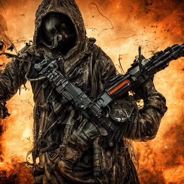 Image similar to gritty hooded apocalyptic man shouldering laser - rifle surrounded by destroyed machine, hyper - detailed, sharp focus, 4 k ultra hd, fantasy dark art, apocalyptic art