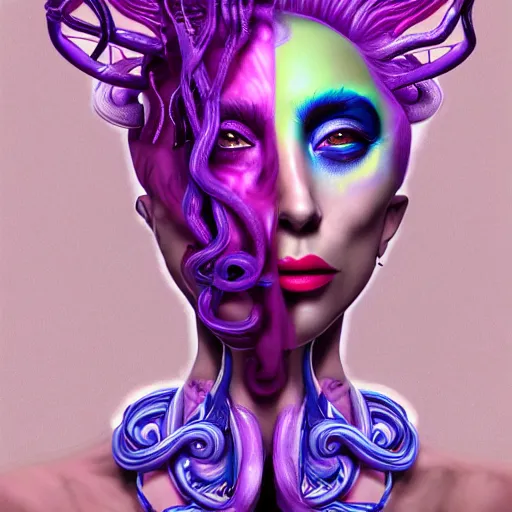 Image similar to an extremely psychedelic portrait of medusa as lady gaga, surreal, lsd, face, detailed, intricate, elegant, lithe, highly detailed, digital painting, artstation, concept art, smooth, sharp focus, illustration,