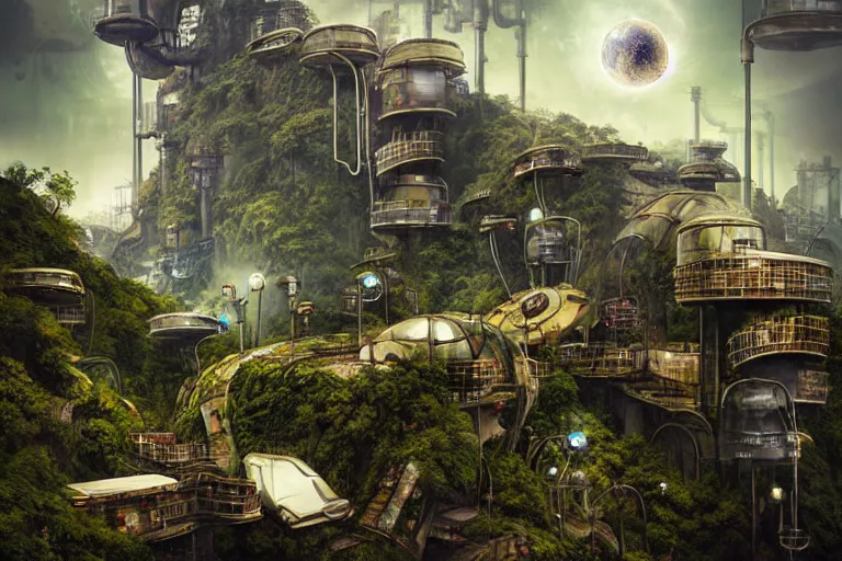 Image similar to sci - fi favela sculpture, art nouveau jungle environment, industrial factory, cliffs, gloomy, milky way, award winning art, epic dreamlike fantasy landscape, ultra realistic,