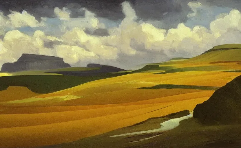 Prompt: painting of landscape of faroe, road between hills, surreal sky, thunder clouds, sunset, forest, autumn, blossom wheat fields, pastoral, from a bird's eye view, unsaturated and dark atmosphere artwork by isaac levitan and alfred joseph casson and georgy nissky and nikolay dubovskoy