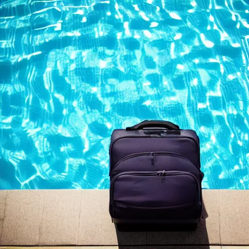Prompt: a swimming pool, with a suit, pants and a suitcase draped over the edge, photograph