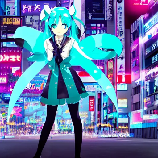 Image similar to high quality art of a hatsune miku is flying with her back to the camera above the night tokyo at bird's - eye height, glowing particles and ribbons follow her arms, glowing advertising banners on buildings depicting hatsune miku are visible in the distance, art by makoto shinkai, crunchyroll, pixiv, danbooru, hd