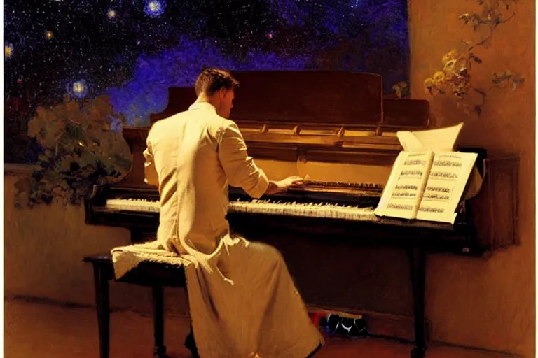 Prompt: attractive male playing piano, starry night, painting by gaston bussiere, craig mullins, j. c. leyendecker