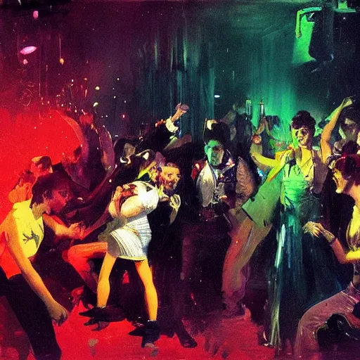Image similar to young people in a fancy nightclub dancing and drinking, partylights, great colors, by peder balke, trending on artstation