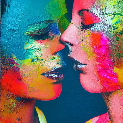 Image similar to double exposure of two women kissing ( closeup ) and an acrylic painting, lomography. this photograph is subsequently printed out and splattered with paint. mixed media collage art with magazines and found art