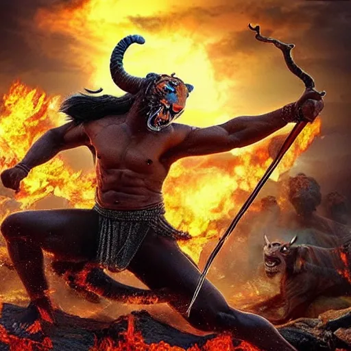 Image similar to “an 8k uhd photorealistic picture of Bahubali fighting a demon tiger at the gates of hell”