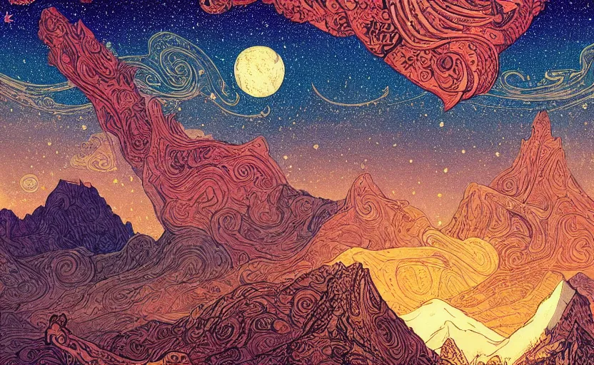 Prompt: mountains, stars and paisley filled sky, artstation, intricate, highly detailed, digital painting, concept art, sharp focus, illustration by Ivan Bilibin and Kilian Eng