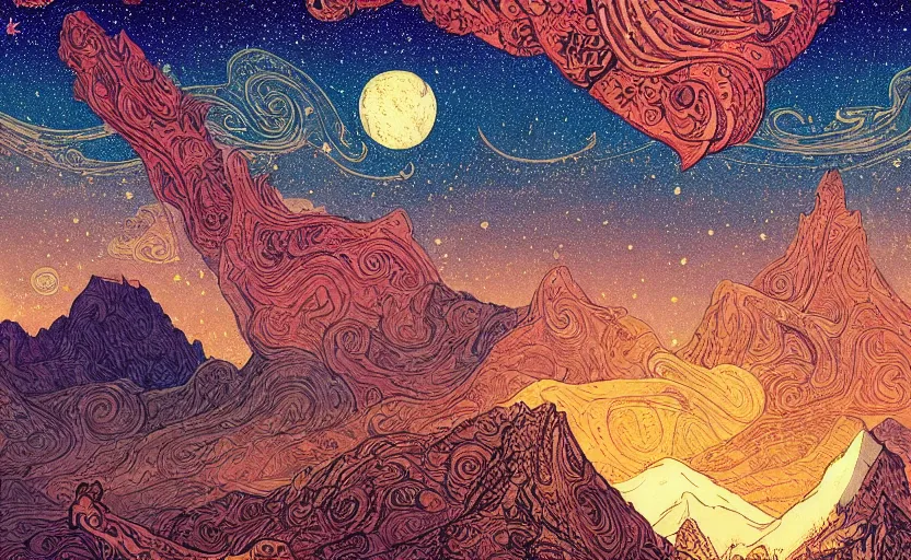 Image similar to mountains, stars and paisley filled sky, artstation, intricate, highly detailed, digital painting, concept art, sharp focus, illustration by Ivan Bilibin and Kilian Eng