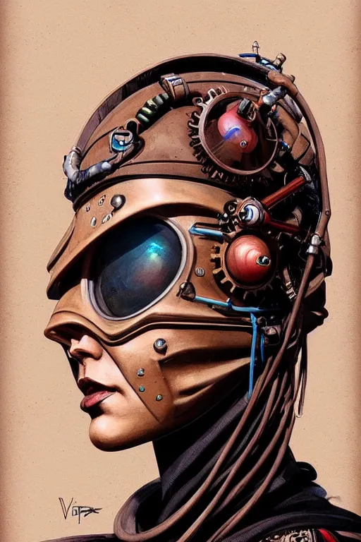 Image similar to sideview face portrait of a steampunk desert empress. by vincent di fate, james jean, dom qwek. inspired by igor goryunov andrei riabovitchev. madmax aesthetics. atmospherical, photorealistic retrofuturist concept art, trending on art station, cinematic, ultra detailed