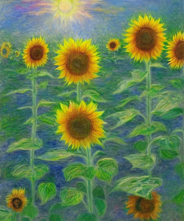 Image similar to sunflower, water painting, monet, heavenly, sun rays, intricate, colorful, highly detailed, soft tones