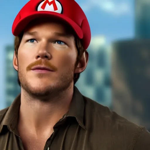 Image similar to Chris pratt as live action mario, mario hat, 4k headshot photography