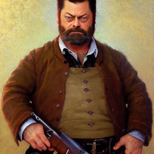 Prompt: detailed portrait painting of Nick Offerman as a dwarf gunslinger by Thomas Kinkade, William-Adolphe Bouguereau and Ted Nasmith, Booru, RPG portrait, fantasy portrait