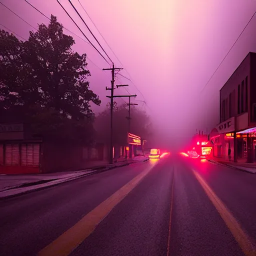 Image similar to A stunningly beautiful award-winning down angle 8K high angle cinematic movie photograph of a dark foggy lightless main intersection in an abandoned 1950s small town at night, by David Fincher and Darius Khonji, cinematic lighting, perfect composition, moody low key volumetric light. Color palette from Seven, greens yellows and reds. 2 point perspective, high angle from 15 feet off the ground. Octane render