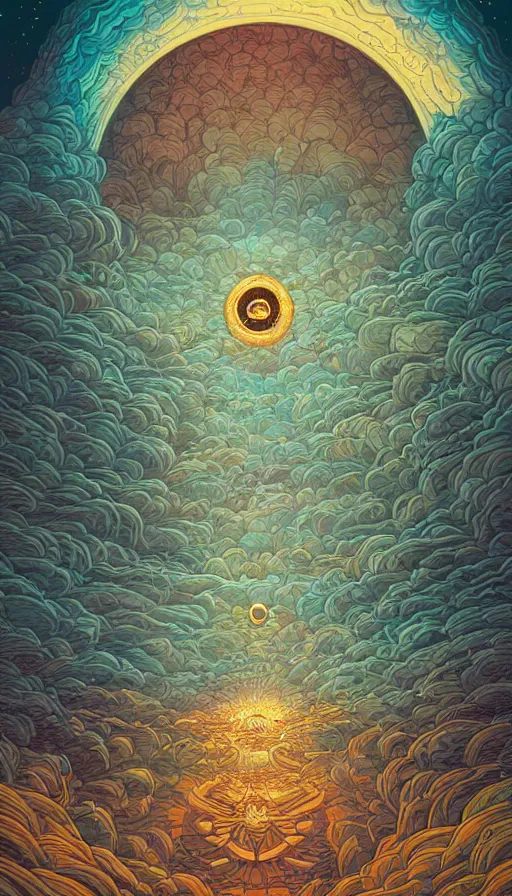 Image similar to the ancient portal of the luminous dream spirits on cosmic cloudscape, futurism, dan mumford, victo ngai
