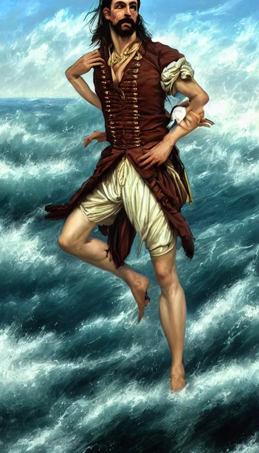 Image similar to elegant corsaire captain, stern look, late xix century commodore vest, full body portrait xix immpresionist paint, wild ocean background, highly detailed, digital painting, artstation, concept art, sharp focus, illustration, art by Artgerm, Grafit Studio, and Greg Rutkowski, Craig Mullins, Stanley Artgerm Lau, WLOP, Ross tran, James Jean, Andrei Riabovitchev, Marc Simonetti, magic the gathering, trending on ArtStation, digital art - W 640