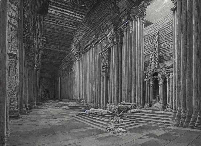 Prompt: A massive temple interior, detailed, immaculate scale, Zdzislaw Beksinski