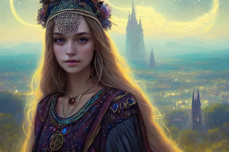 Prompt: masterpiece portrait charming and miracle female luxury astromancer boho accessories in dreamlike movie, high detailed face, art by artgerm, greg rutkowski, sasoura, satchely, big major starry sky and city in background, uhd, medium long shot, fantasy, no distorsion, sharp focus, bright