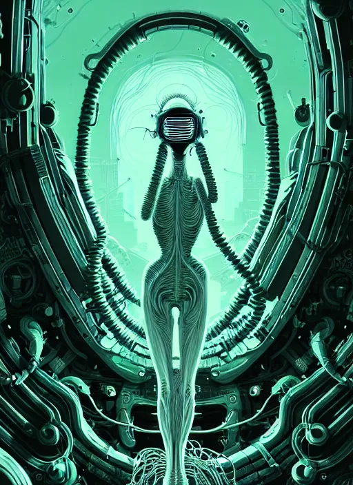 Image similar to highly detailed portrait of a biopunk long curly white hair tribal lady, stray wiring by atey ghailan, james gilleard, by joe fenton, by greg rutkowski, by greg tocchini, by kaethe butcher, 4 k resolution, gradient green, black and white color scheme!!! ( ( irradiated robotic wasteland background ) )