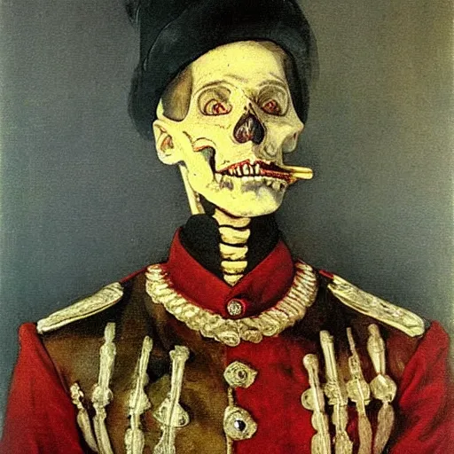 Prompt: A portrait of a skeleton in a Russian Tsar's uniform, painted by Valentin Alexandrovich Serov