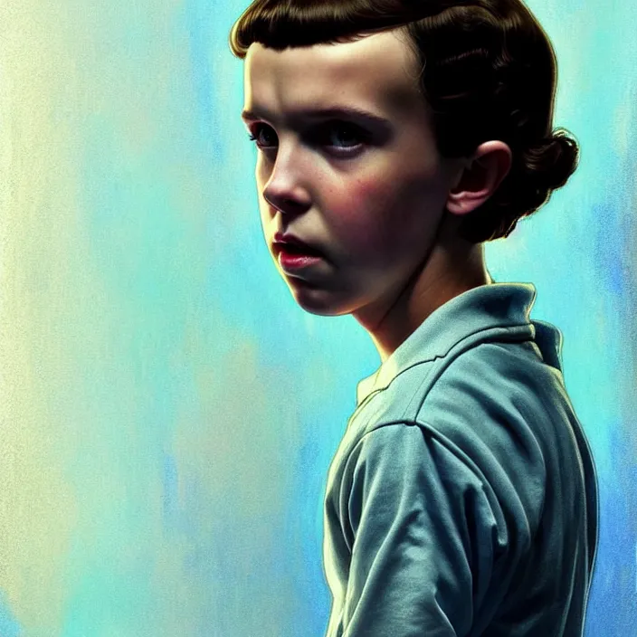 Image similar to Millie Bobbie Brown in Stranger Things as Eleven, diffuse lighting, fantasy, intricate, elegant, highly detailed, lifelike, photorealistic, digital painting, artstation, illustration, concept art, smooth, sharp focus, art by John Collier and Albert Aublet and Krenz Cushart and Artem Demura and Alphonse Mucha