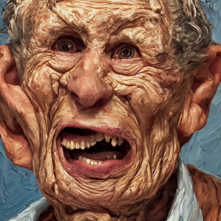 Prompt: warmly lit close up studio portrait of aging angry!! screaming! old Elaine Benes age 115 wrinkled furious!, impasto oil painting thick brushstrokes by Lucian Freud and Cy Twombly and Tim Hawkinson , trending on artstation dramatic lighting Expressionism