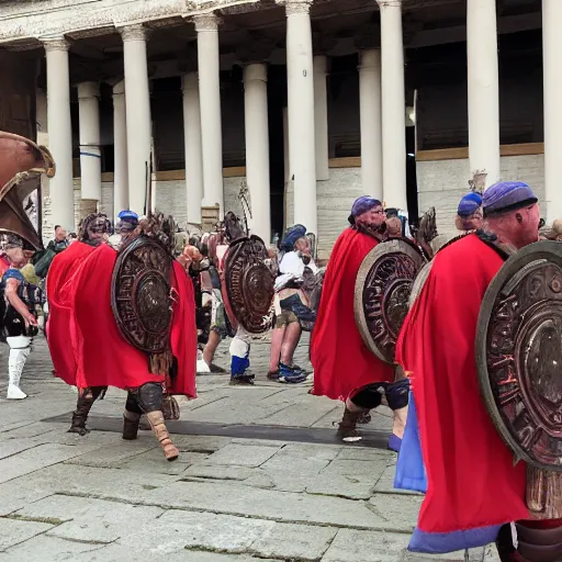 Image similar to roman legions invading the capitole, wearing maga hats ( 2 0 2 1 )