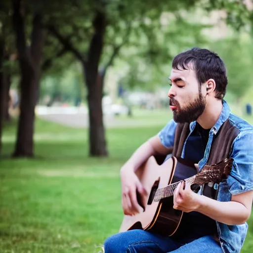 Prompt: a portrait broken heart guy, singing alone with guitar in park, arstation, trending arstation